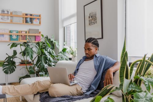 Free Casual man working from home office, surrounded by plants, on a comfortable sofa with a laptop. Stock Photo