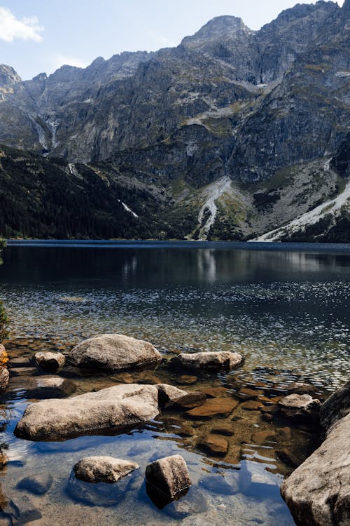 Free Brown Rocks Near Lake and Rocky Mountain  Stock Photo