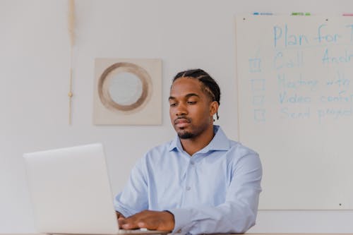 Man Using Laptop Sitting in Office