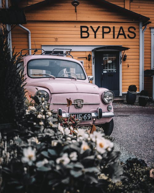 Pink Car Parked In Front of Wooden House
