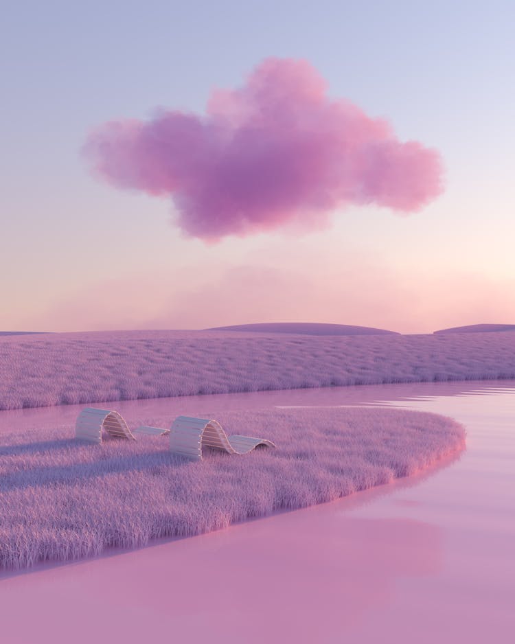 Pink Grass Field Near Lake Under Pink Clouds