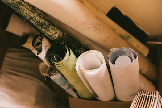 盒子里各种卷纸的特写，营造出富有创意的工作空间氛围