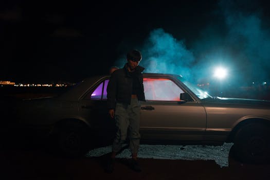 A person stands beside a vintage car under night lights with neon and smoke effects.