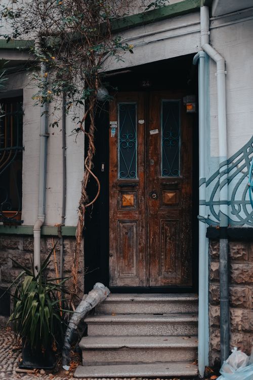 Free Rustic wooden door in Istanbul, framed by overgrown plants. A charming entrance with vintage appeal. Stock Photo