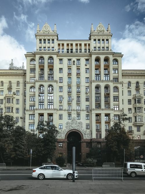 Free Elegant street view of a historic apartment building facade in Moscow, Russia. Stock Photo