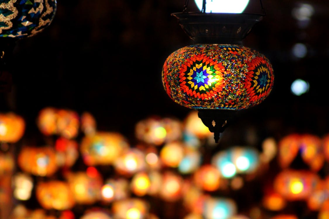 Orange and Multicolored Stain Glass Lampshade