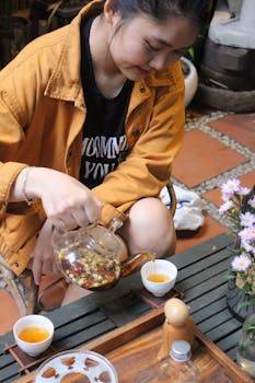 A young woman pours herbal tea outdoors on a cozy patio setting, creating a warm and inviting atmosphere.