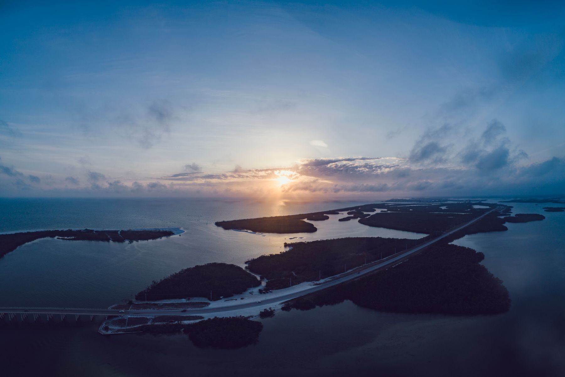Aerial sunset over Fort Myers Beach and the Gulf