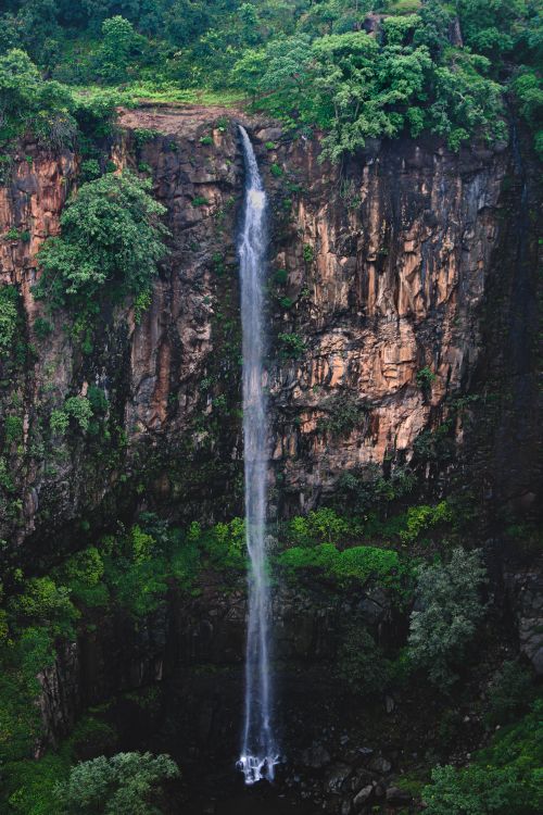 Free Breathtaking view of a tall waterfall cascading down rocky cliffs surrounded by lush greenery in Toranmal, India. Stock Photo