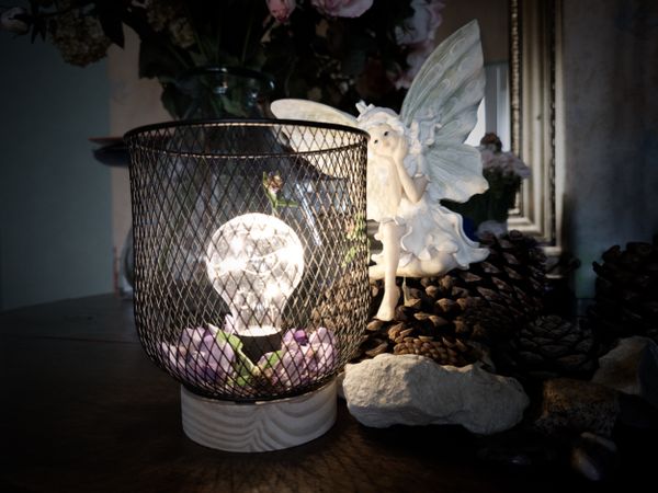 Lampe à ampoule allumée avec des violettes près d'une figurine de fée et de pommes de pin