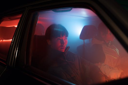 A woman sits in a car at night with vibrant light reflections through the window.