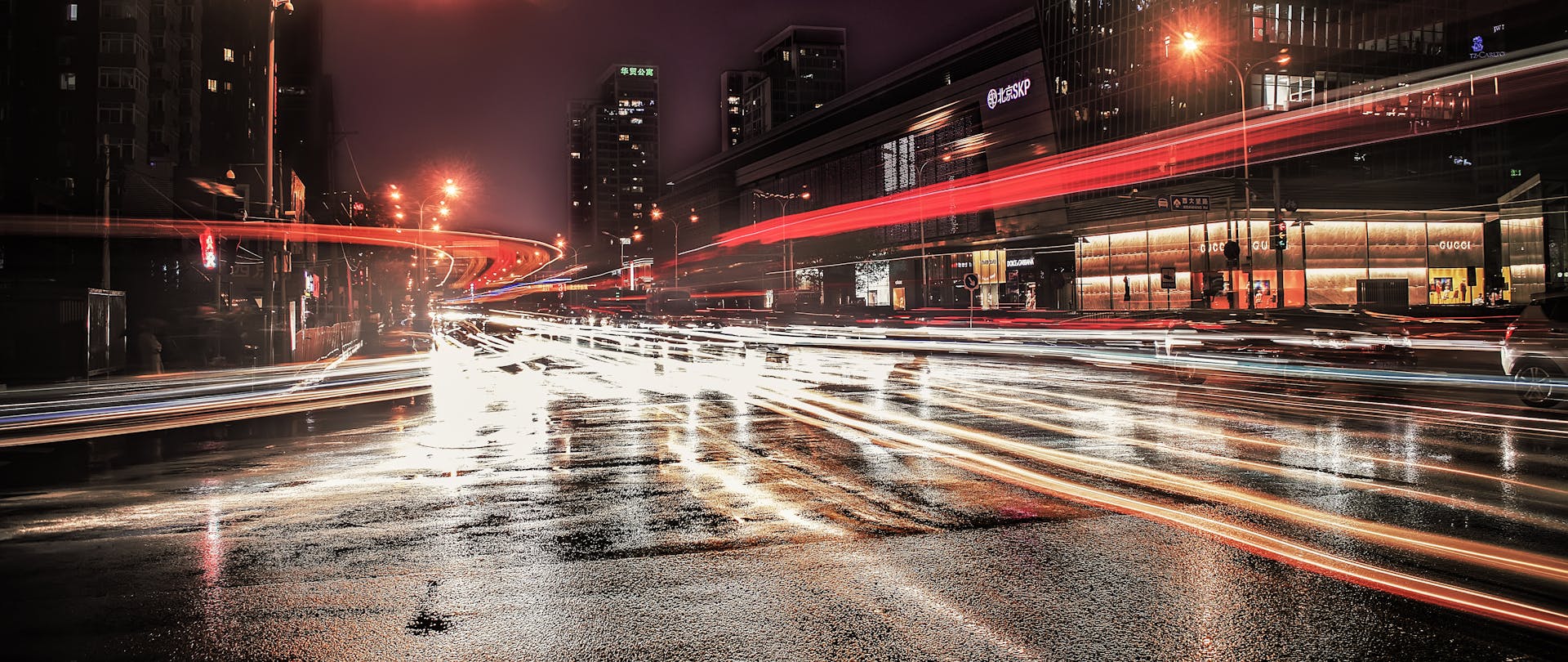 Night view of busy traffic with light trails in Dongcheng, Beijing, creating a vibrant urban scene.