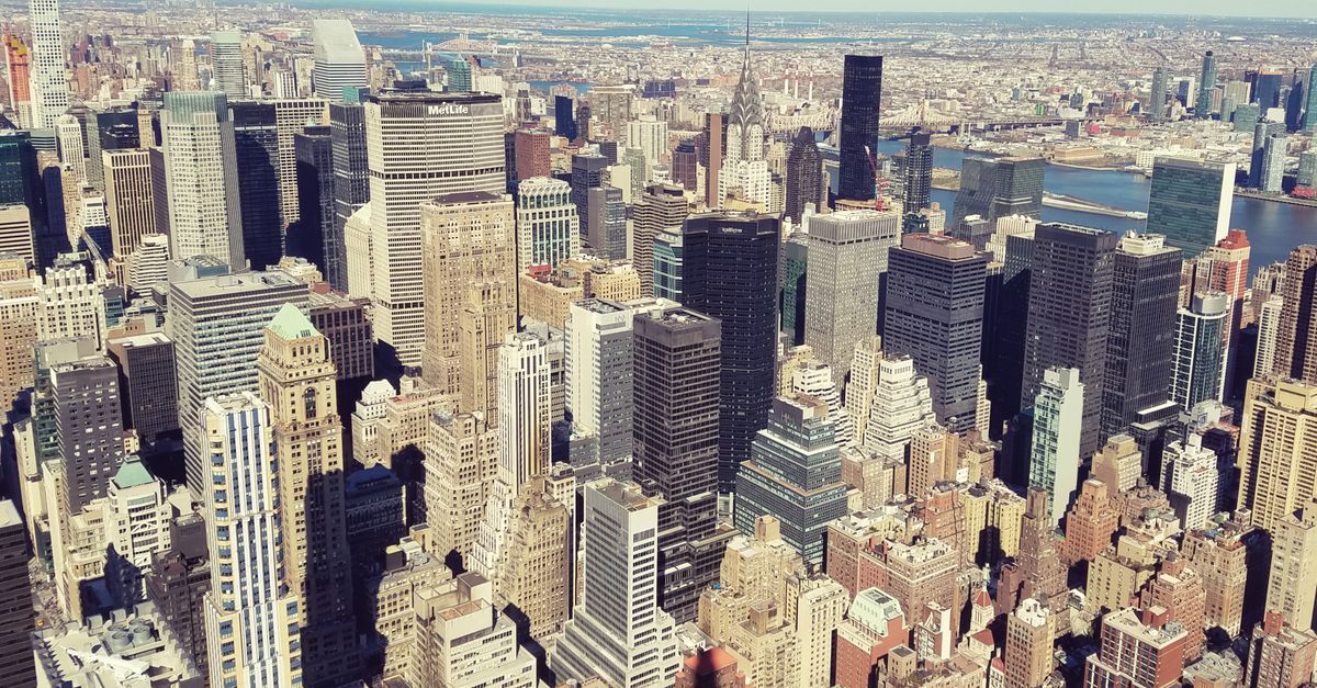 Breathtaking aerial view of New York City's modern skyline with iconic skyscrapers.