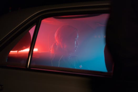 Side profile of a woman sitting in a car at night with colorful reflections.