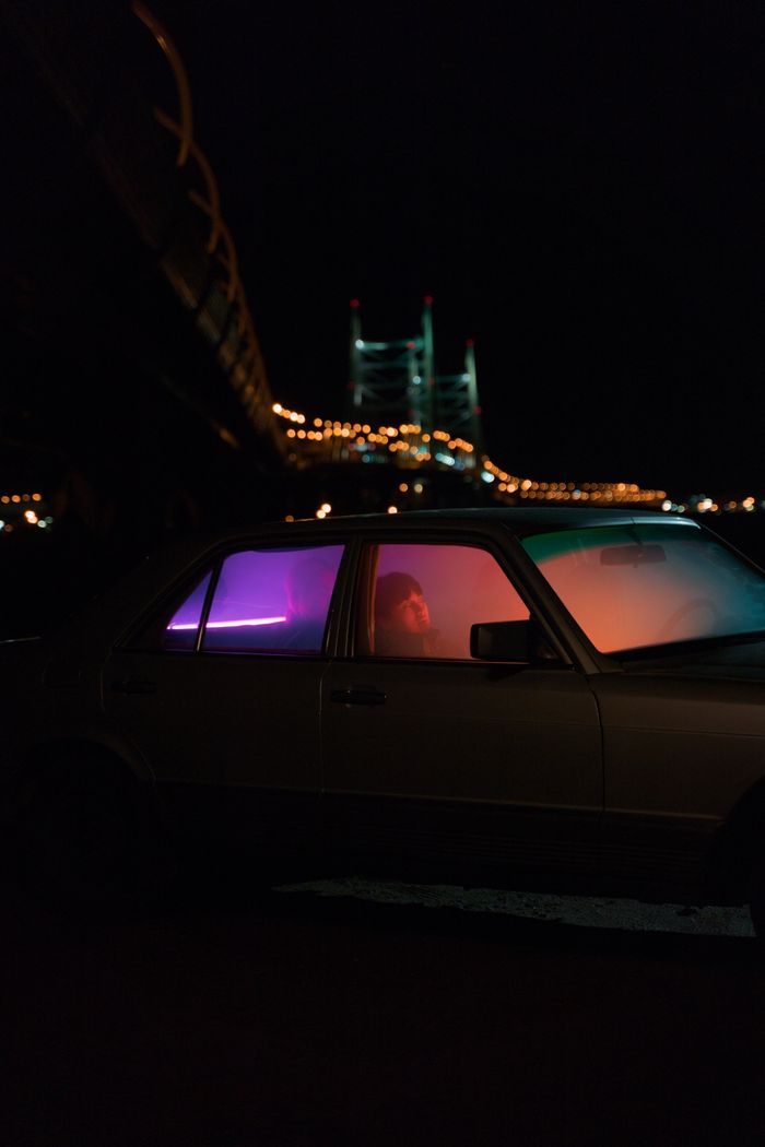 Colorful ambient lights inside a parked car