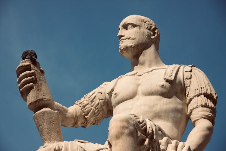 Low Angle Shot Of A Male Statue In A Roman Type Armour