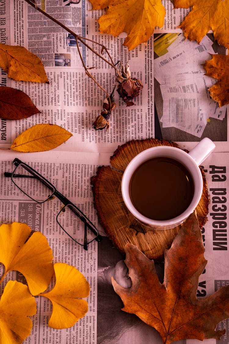 Tea On Table In Autumn Decoration