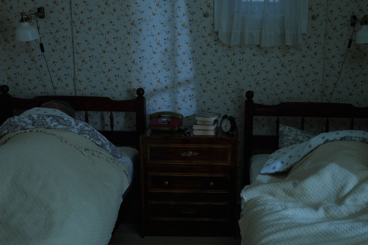 a vintage bedroom setting with two people sleeping under dim lighting