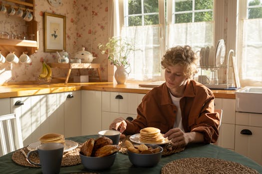 Cozy kitchen scene with a teenager enjoying pancakes under warm morning sunlight.
