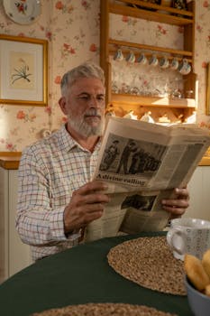 Elderly man reads newspaper in a cozy, vintage-style kitchen setting.