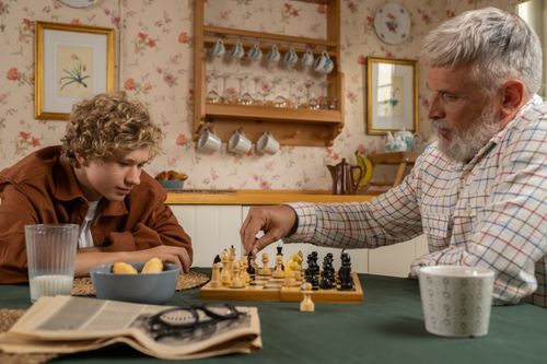 Free Elderly man and teenage boy enjoy a chess game in a cozy kitchen setting with warm decor. Stock Photo