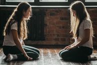 Two Teenage Girls Kneeling on Floor Smiling and Looking at Each Other