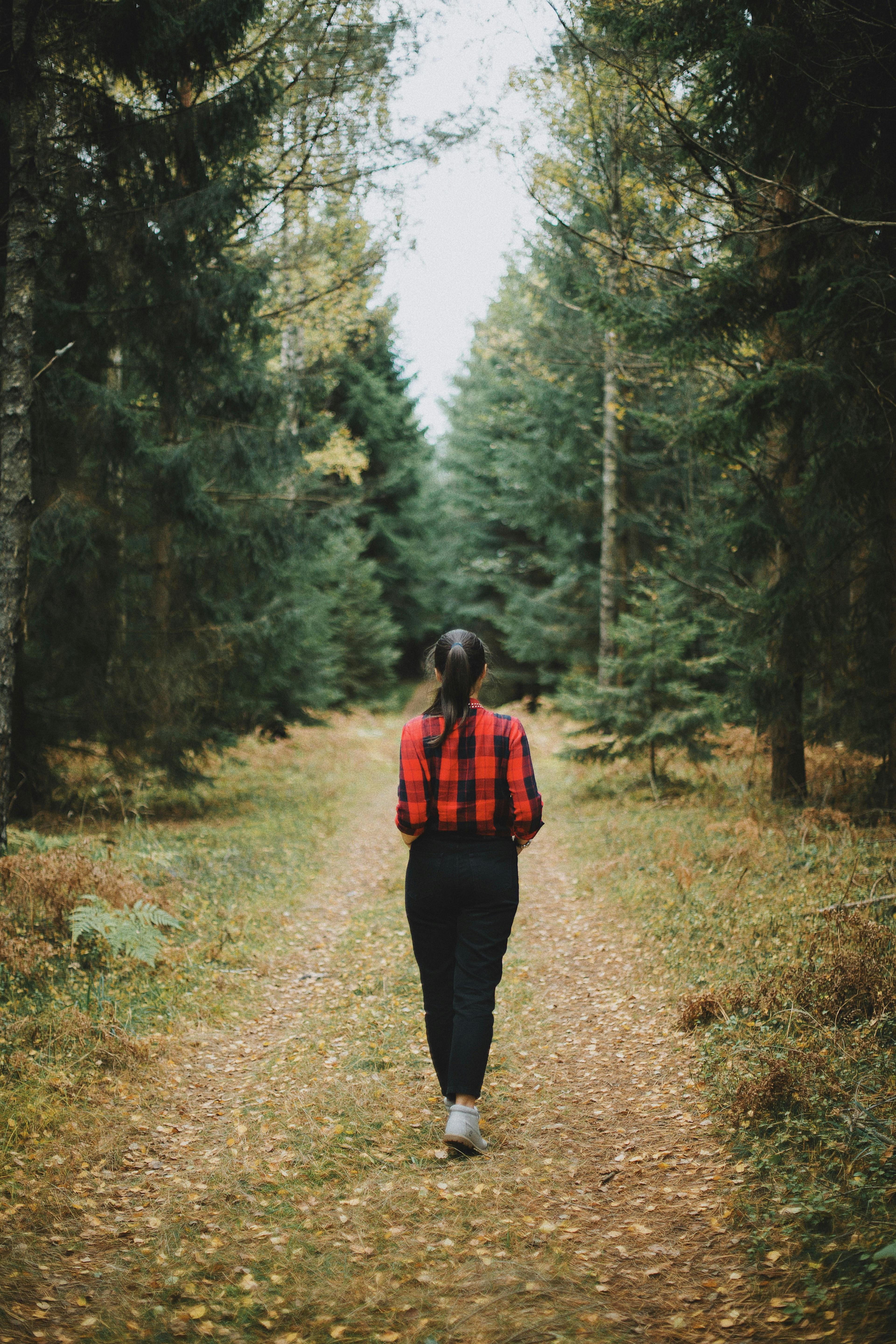 A woman in a red flannel shirt walks down a forest path lined with autumn leaves in Poland.