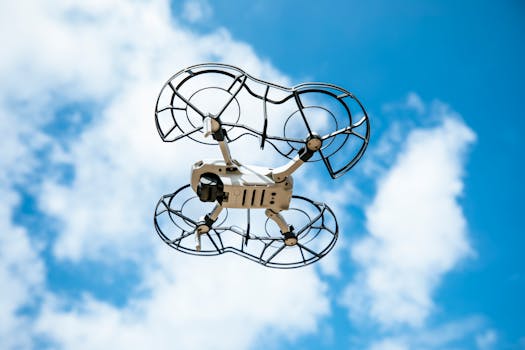 A close-up view of a drone flying against a bright blue sky with white clouds.