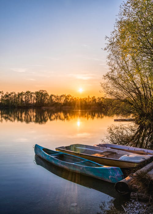 Three Brown Canoes Under Golden Hour