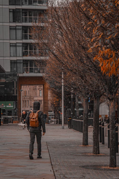 Man in Black Jacket and Black Pants Walking on Sidewalk