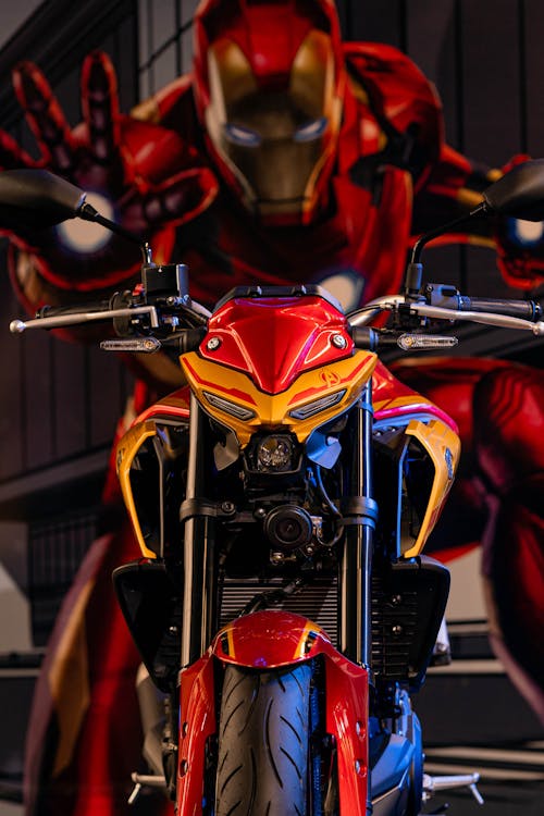 Close-Up Shot of an Iron Man-Inspired Motorcycle