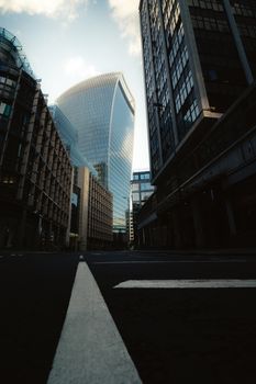 Dynamic worms eye view of 20 Fenchurch Street, a landmark skyscraper in London, UK.