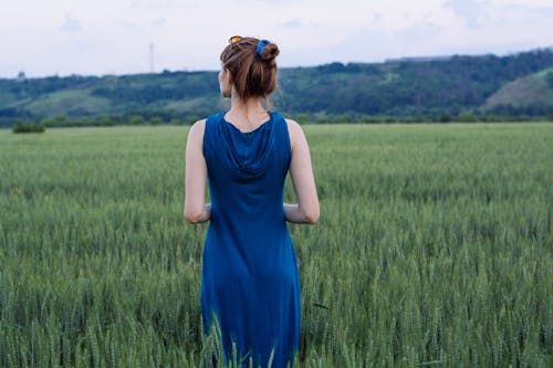 Δωρεάν στοκ φωτογραφιών με γυναίκα, λιβάδι με χόρτα, μπλε φόρεμα