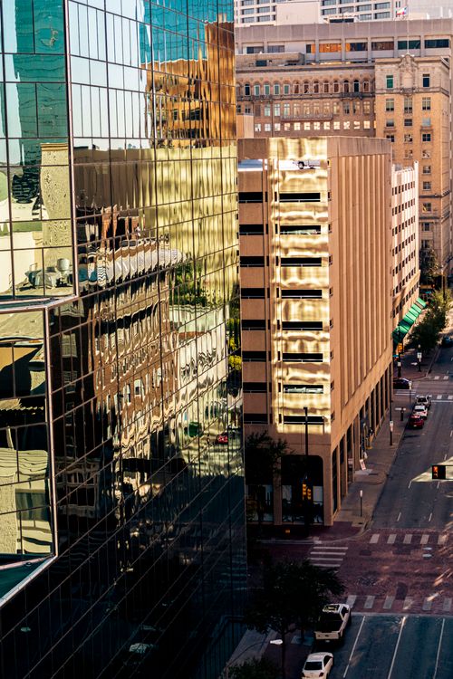 Free A view of skyscrapers and reflections in downtown Fort Worth, Texas. Stock Photo