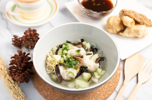 Close-Up shot of a Noodle Soup in a Bowl