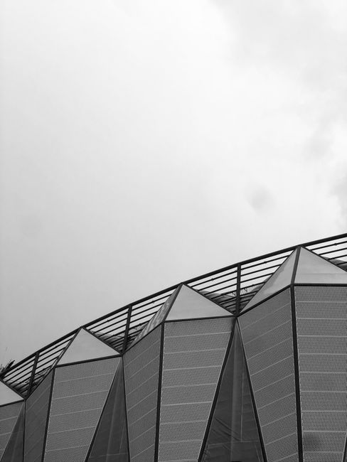 Black and white photo of a modern architectural building in Antananarivo.