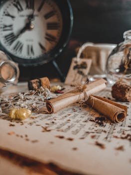 Rustic still life featuring scrolls, clock, and vintage paper with earthy tones.