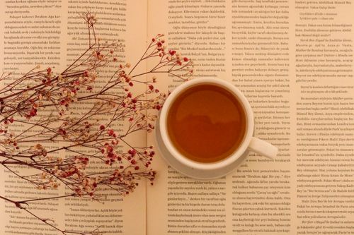 Free Warm overhead shot of a coffee cup on an open book with dried flowers. Stock Photo