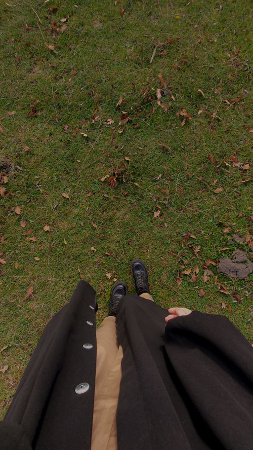 Free Point of view image of a person in a coat and shoes standing on a grassy lawn with fallen leaves. Stock Photo
