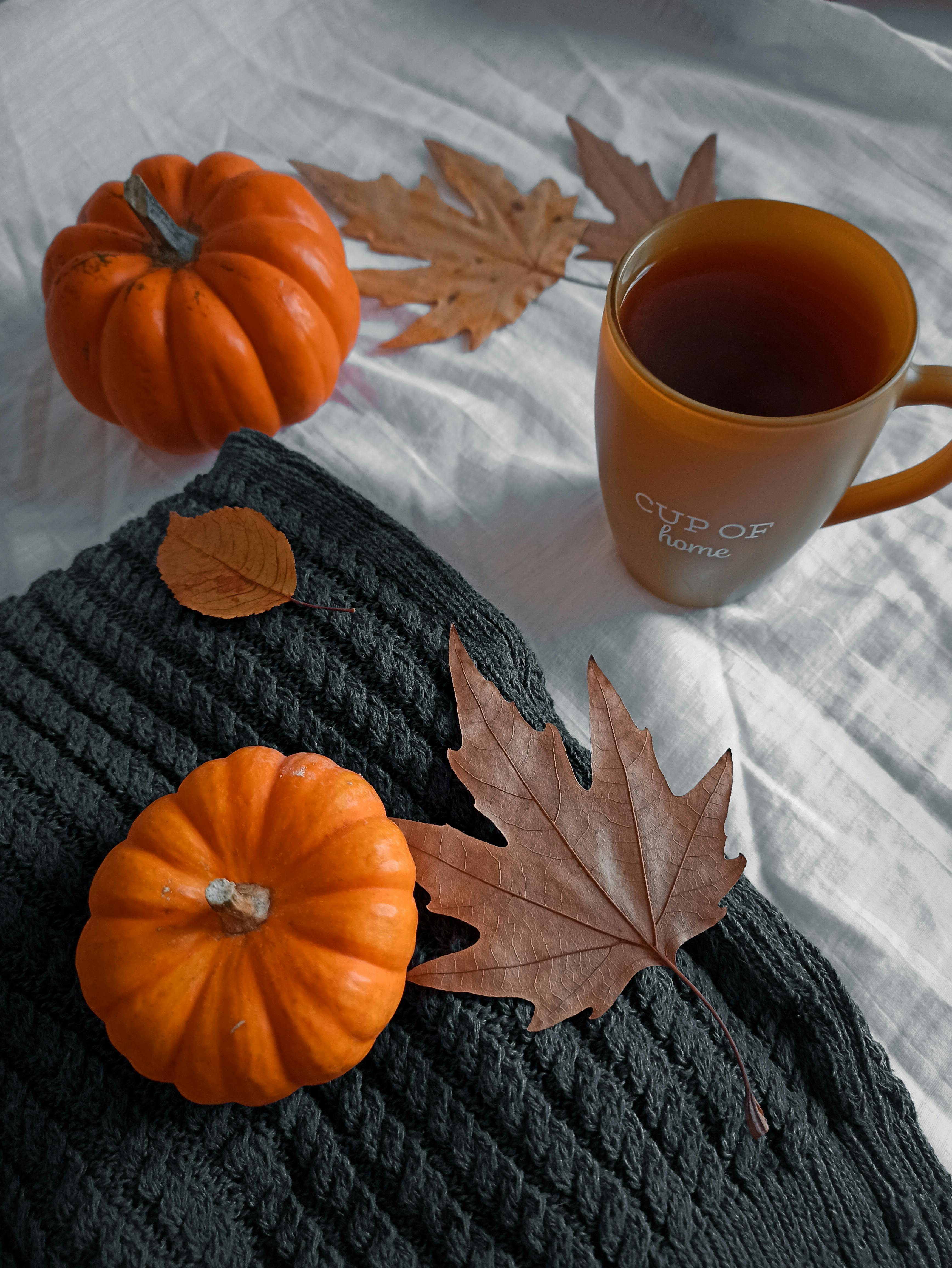 Warm and cozy autumn setting with pumpkins, dried leaves, and a cup of tea on a knitted sweater.