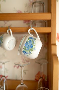 Vintage floral mugs hanging in a rustic kitchen setting, evoking nostalgia.