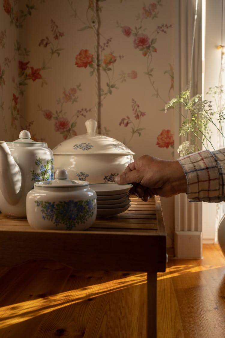 Close-up of Mans Hand Reaching For Porcelain Plate