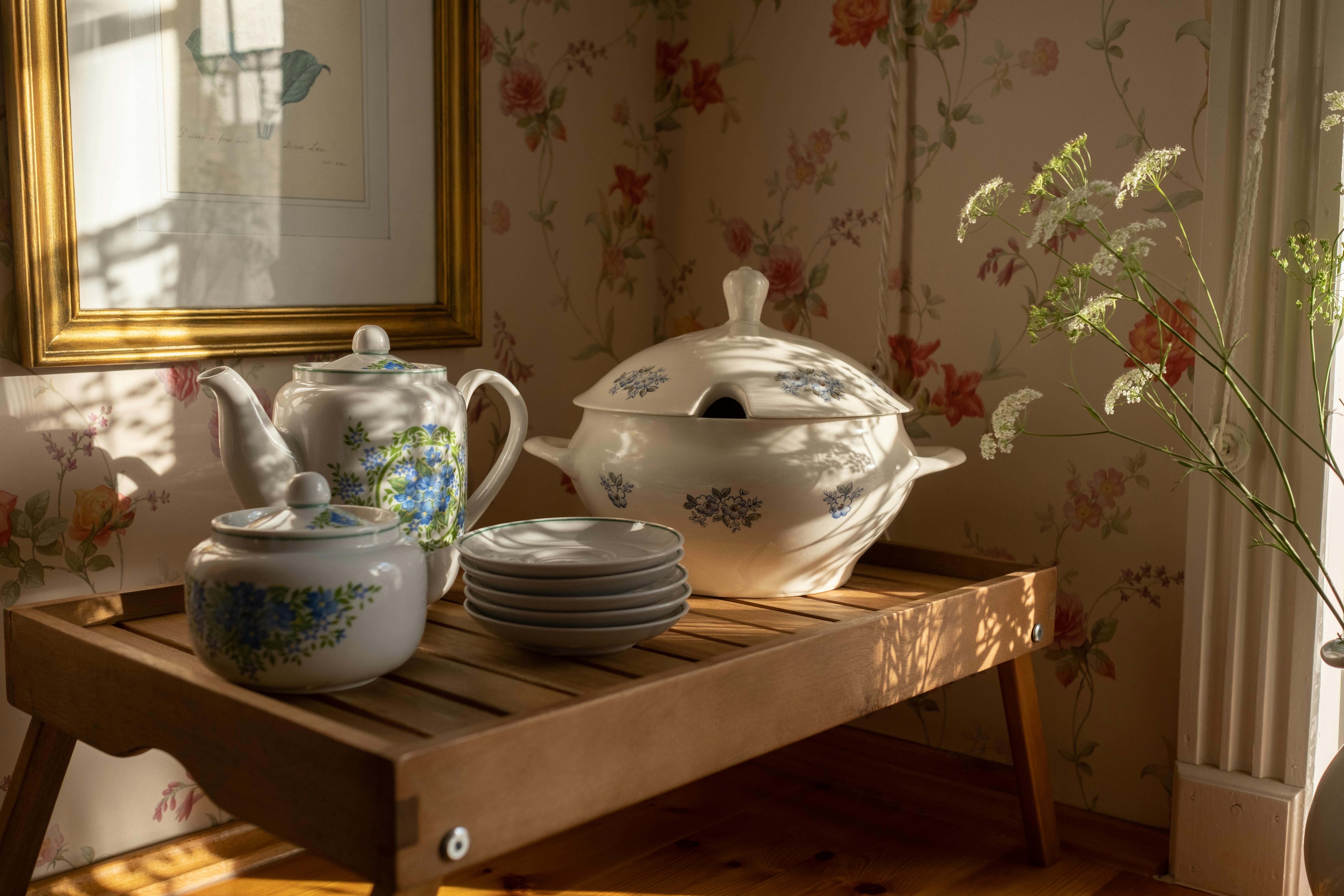 close up of vintage ceramics in kitchen