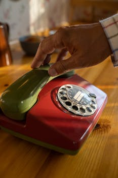 A hand picks up a vintage rotary phone on a wooden table, evoking nostalgia and retro communication.