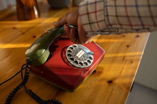 Close-up of a vintage rotary phone being held by a senior hand, evoking nostalgia.