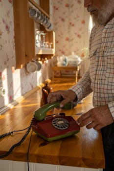 A senior man using a retro rotary phone in a cozy vintage kitchen setting.
