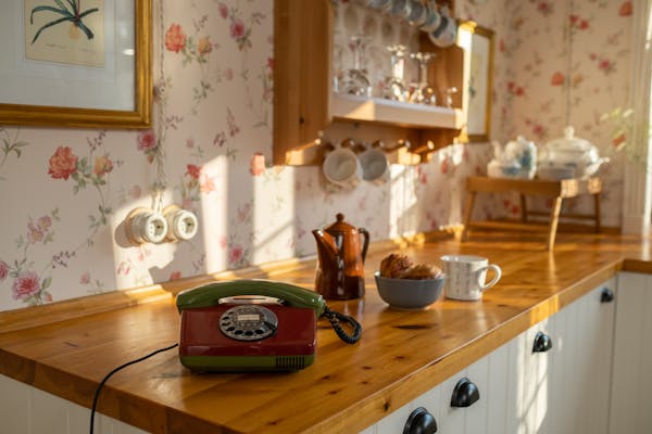 simple kitchen countertop - wooden shelves in kitchen - retro telephone