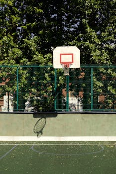 A sunny outdoor basketball court with a hoop and backboard against a tall fence and trees.