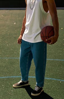 An adult male holding a basketball on an outdoor court wearing a white tank top and denim jeans.