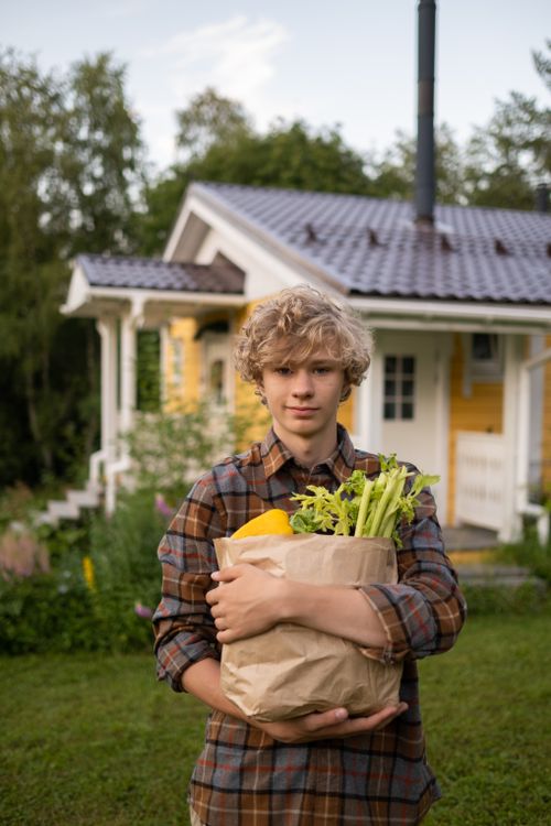 Free Teenager with curly hair holds a paper bag of groceries in a serene suburban backyard setting. Stock Photo